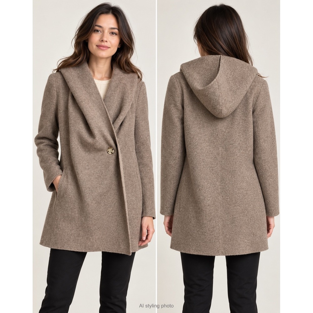 Vince Womens XS Taupe Wool Blend Hooded Shawl Collar Single Button Coat